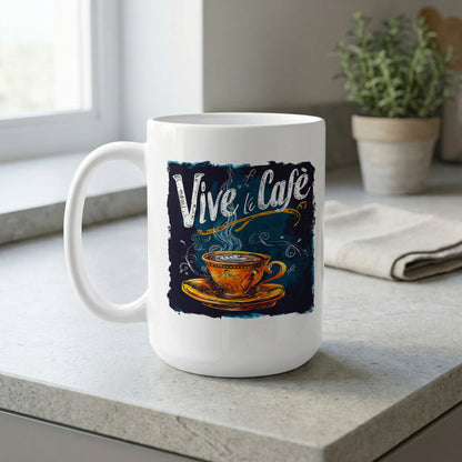 White 15oz Vive le Cafe Chalk Art coffee mug displayed on a kitchen bench, featuring a rich navy and teal illustrated design.