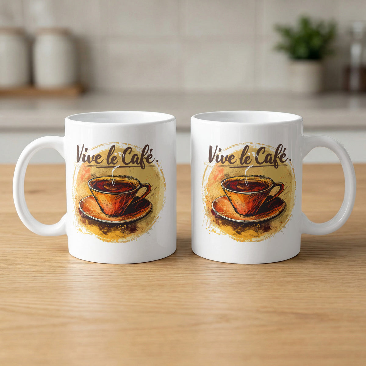 Two Vive le Cafe Watercolour mugs showing front and back with hand-drawn coffee artwork, amber wash and elegant brown lettering.