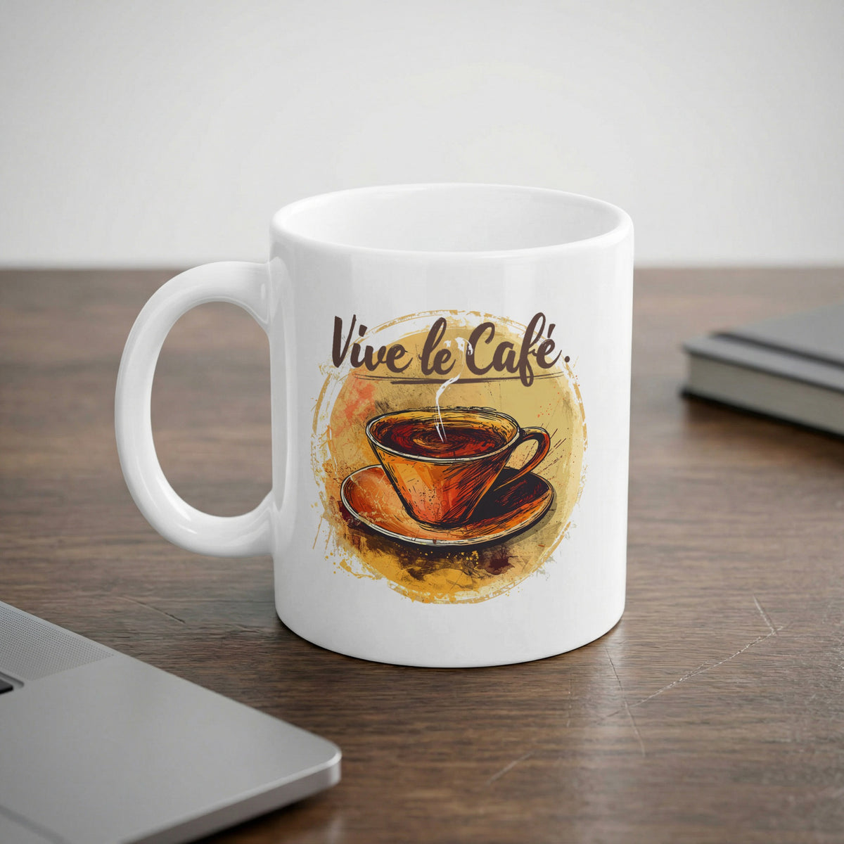 Vive le Cafe Watercolour 11oz mug featuring a hand-drawn coffee cup, warm amber watercolour wash and brown script lettering.