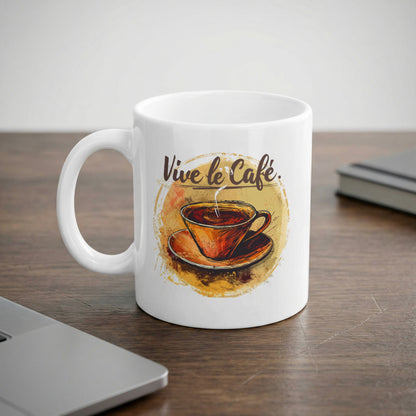 Vive le Cafe Watercolour 11oz mug featuring a hand-drawn coffee cup, warm amber watercolour wash and brown script lettering.