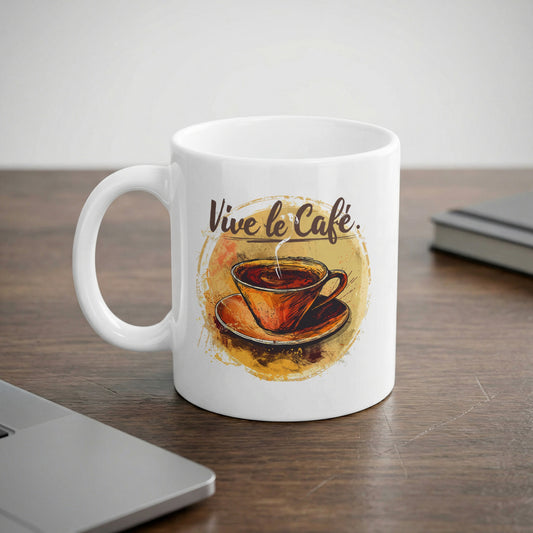 Vive le Cafe Watercolour 11oz mug featuring a hand-drawn coffee cup, warm amber watercolour wash and brown script lettering.