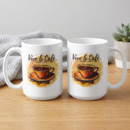 Two 15oz Vive le Cafe Watercolour coffee mugs showing front and back with hand-drawn coffee artwork, amber wash and flowing brown lettering.