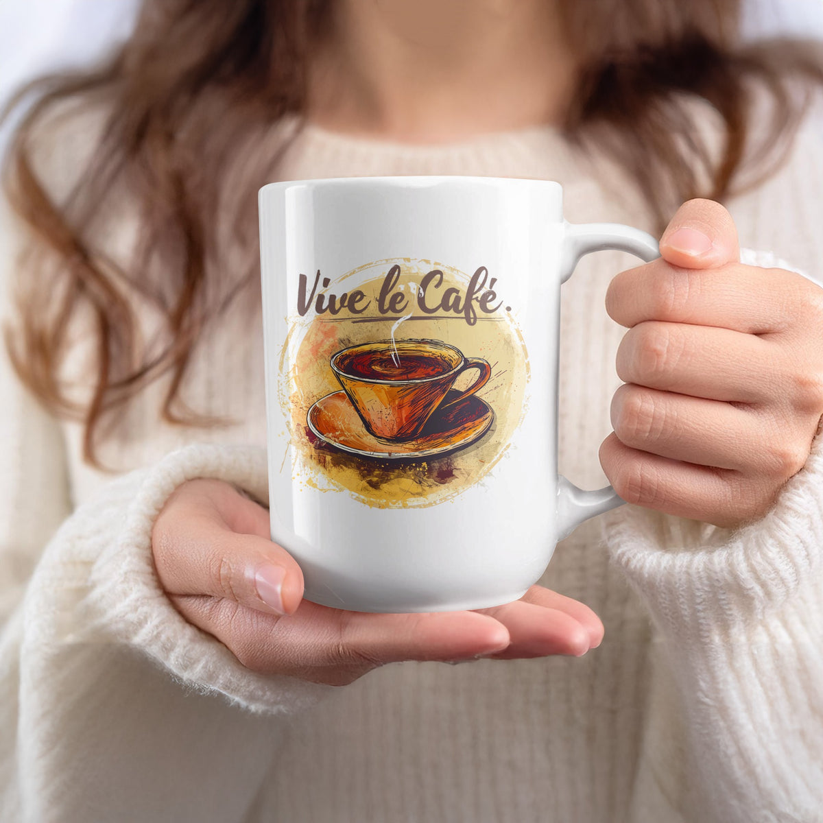 15oz white ceramic Vive le Cafe Watercolour coffee Mug held in hand, showing its larger capacity and softly illustrated café design.