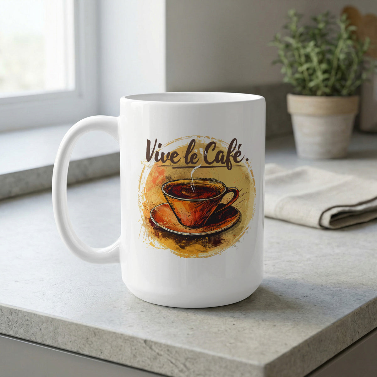 15oz Vive le Cafe Watercolour ceramic mug on a kitchen bench, featuring a hand-drawn coffee cup and warm amber watercolour artwork.
