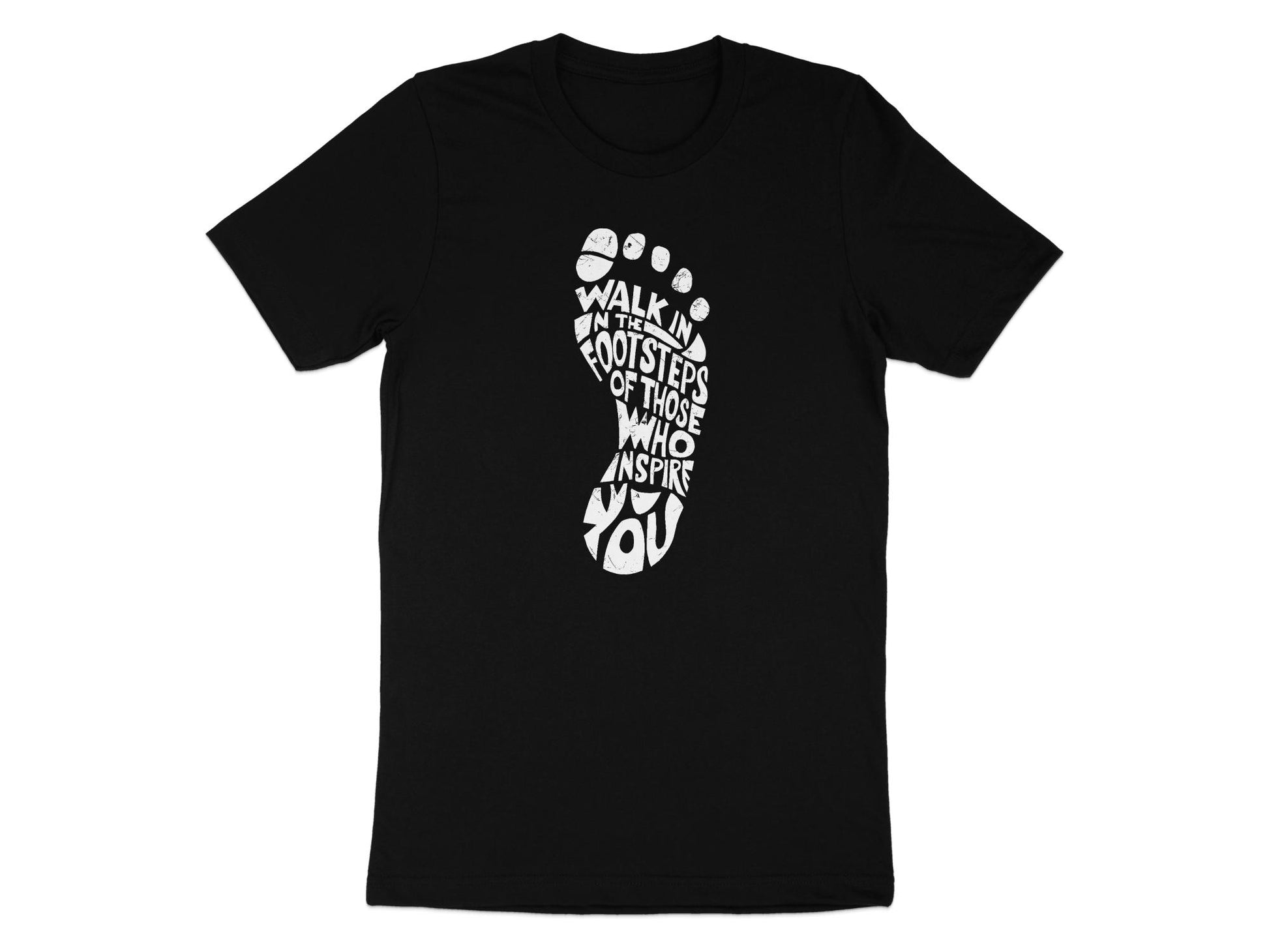 Black Walk In The Footsteps T-shirt in soft cotton with classic fit and motivational graphic print.