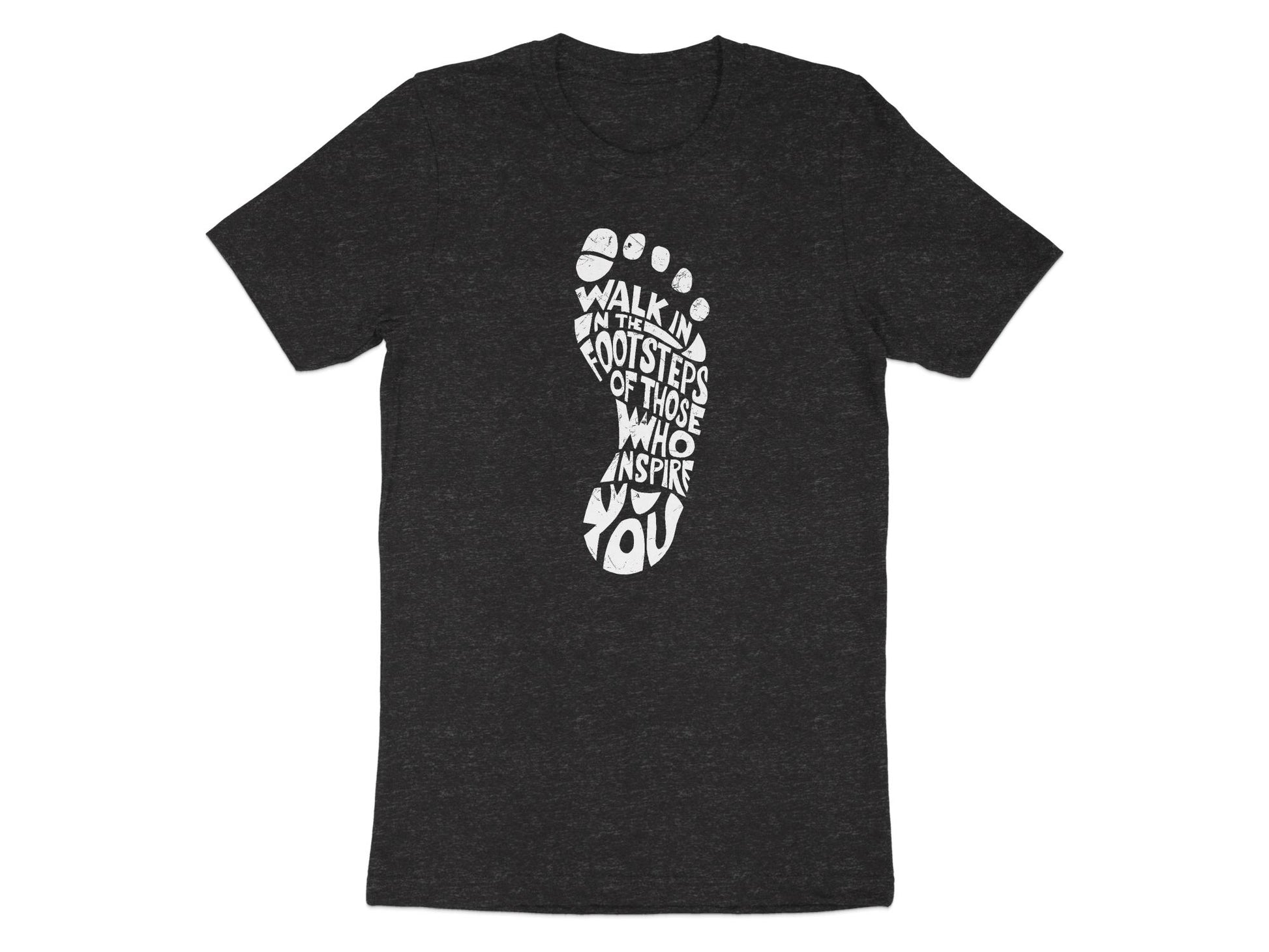 Charcoal heather Walk In The Footsteps tee in a soft cotton blend, with comfort fit & bold print.