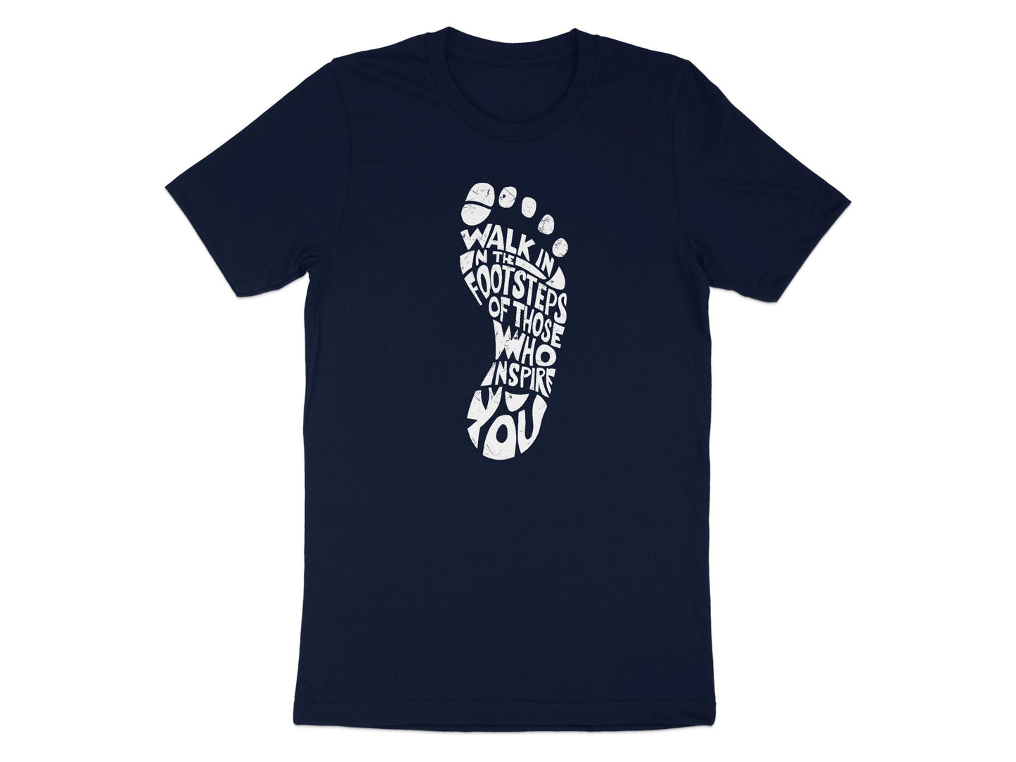 Navy Walk In The Footsteps shirt with relaxed fit, breathable cotton, and a clean minimalist message print.
