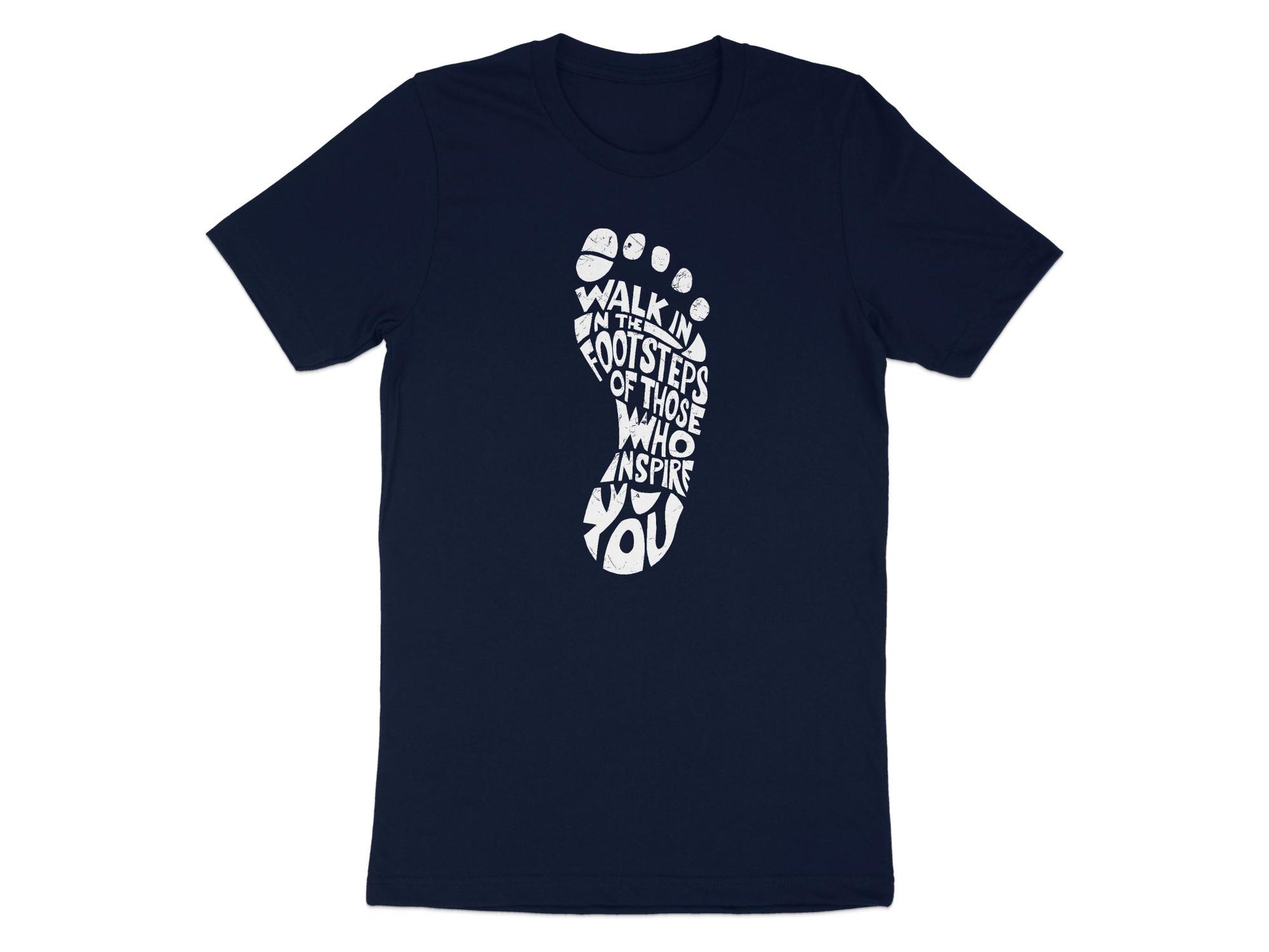 Navy Walk In The Footsteps shirt with relaxed fit, breathable cotton, and a clean minimalist message print.