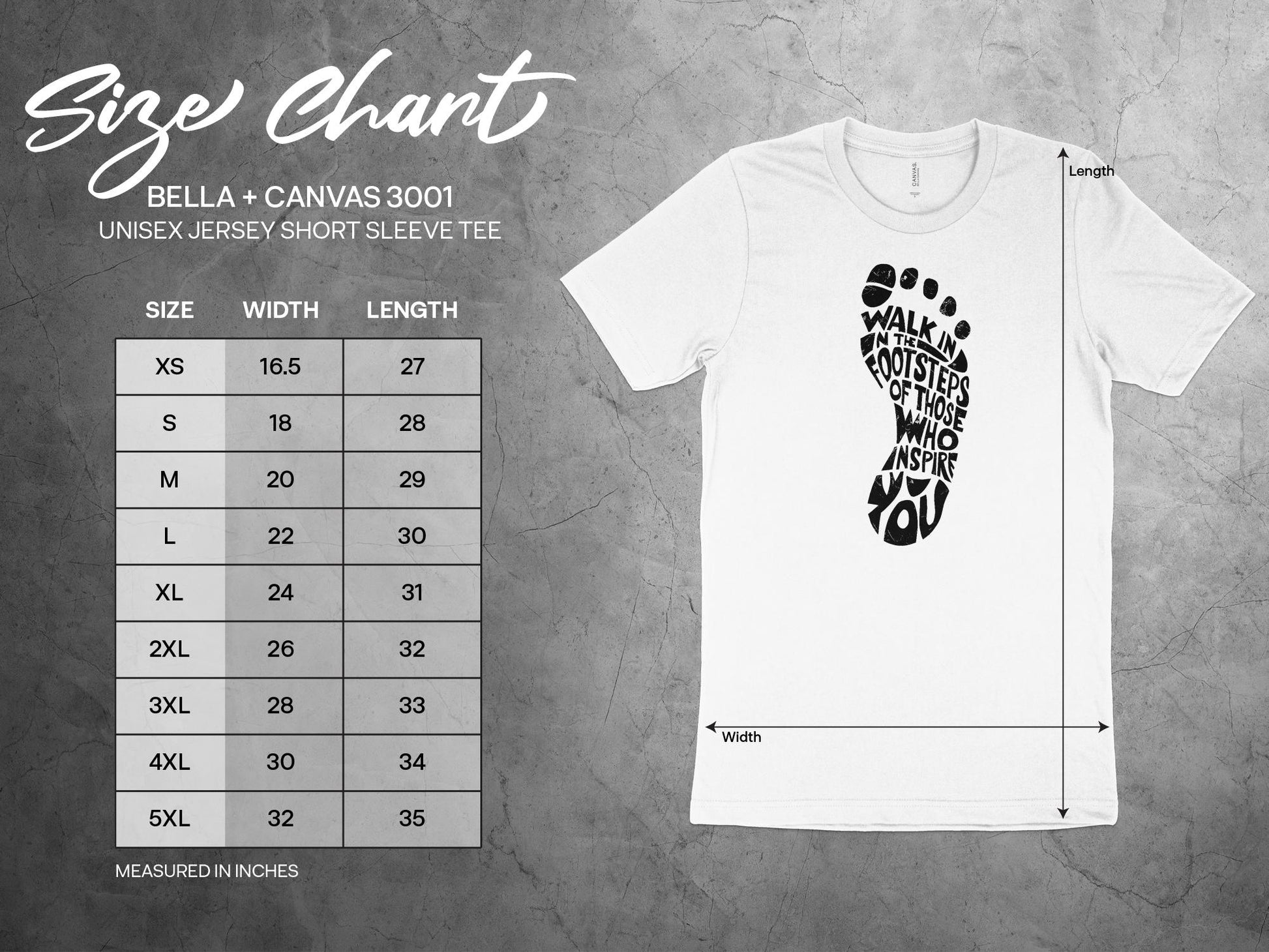 Walk In The Footsteps T-shirt size chart includes chest and length measurements for sizes S through 3XL