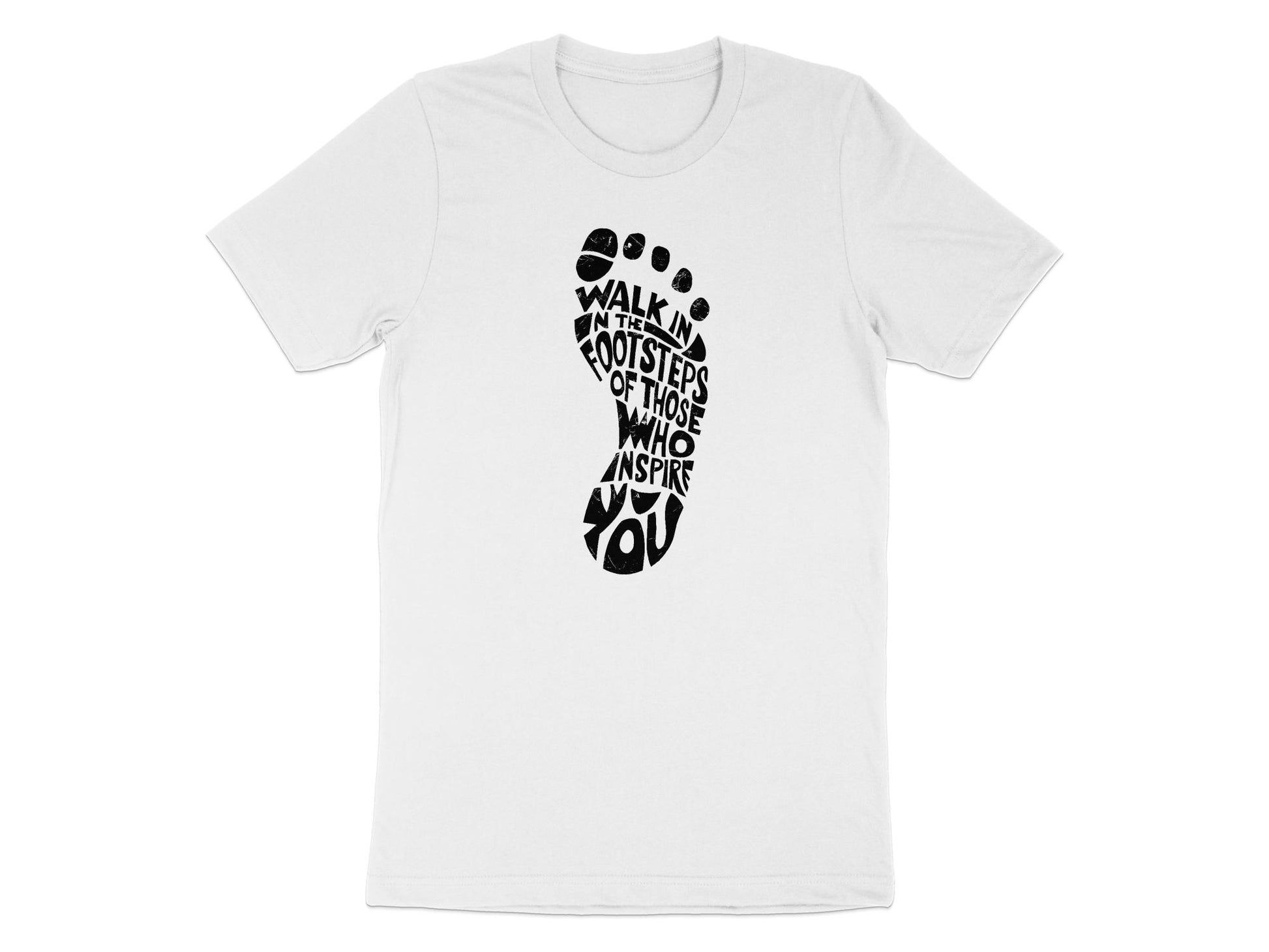 White Walk In The Footsteps tee featuring a lightweight feel, inspiring design, and durable stitching.