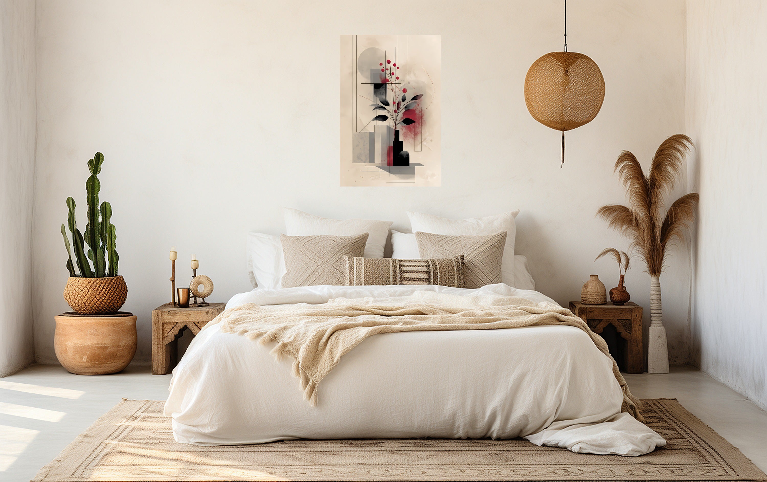 Curated wall decor displayed in a contemporary bedroom setting with unframed artwork