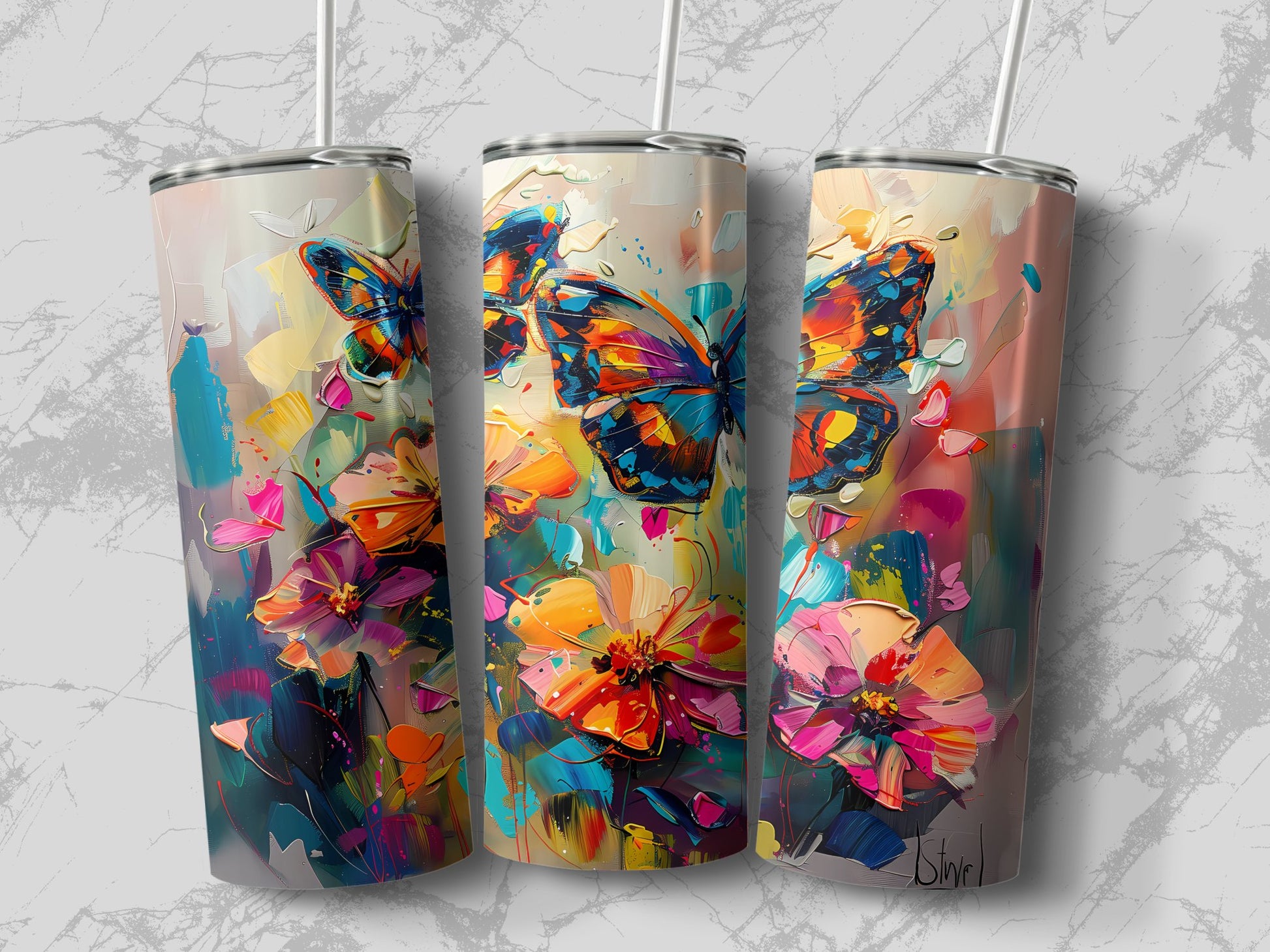 Elegant watercolour butterflies tumbler with double wall vacuum insulation and BPA-free lid, perfect for all-day hydration