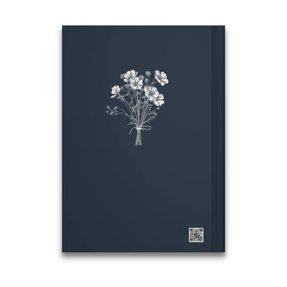 White Floral Journal back cover featuring a delicate botanical vignette in white line art on navy.