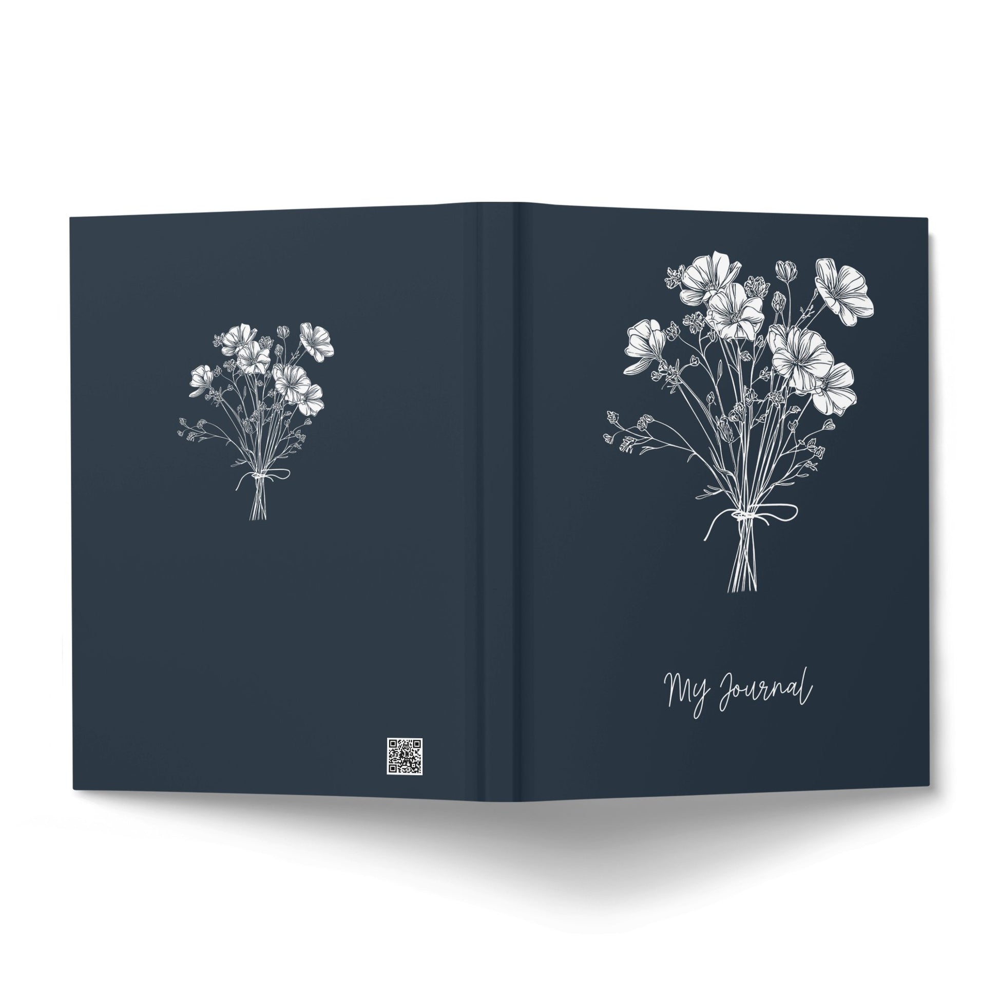 White Floral Journal displaying a cosmos flower bouquet cover and coordinating botanical back design.
