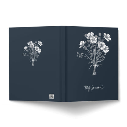 White Floral Journal displaying a cosmos flower bouquet cover and coordinating botanical back design.