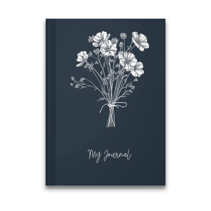 White Floral Journal featuring a white line-art cosmos bouquet tied with a ribbon on a deep navy background.