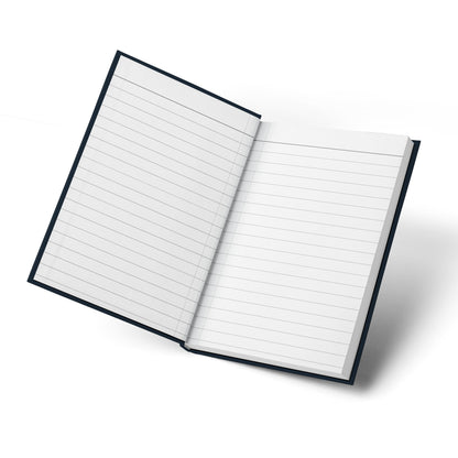 White Floral Journal open to lined pages beneath a cover with a white floral bouquet and ribbon illustration.
