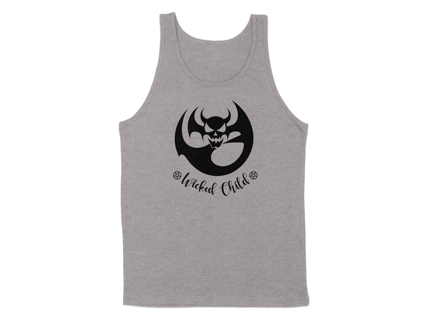 Athletic Heather Wicked Child tank top with bat-wing devil silhouette artwork and cursive Wicked Child lettering.