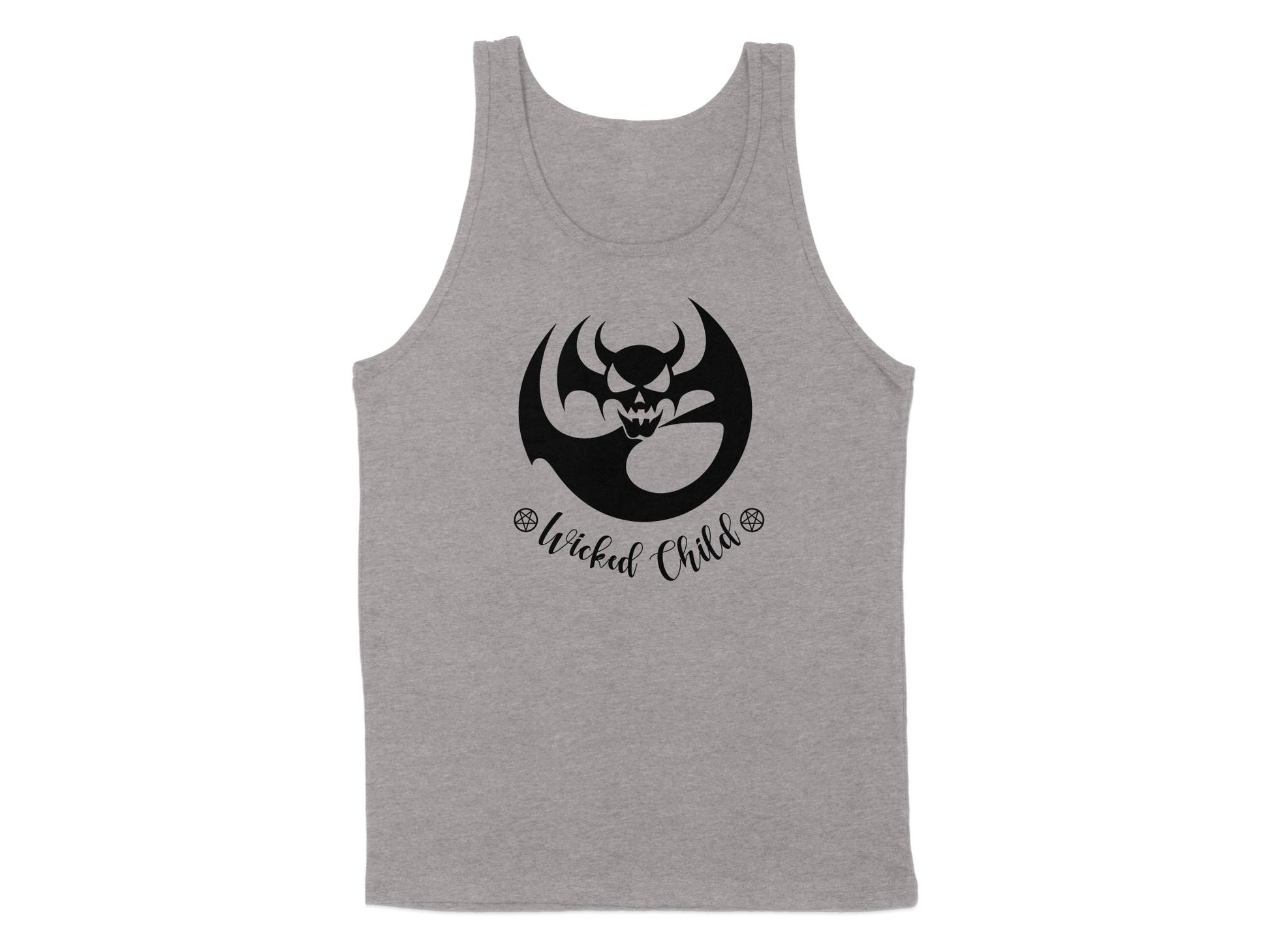 Athletic Heather Wicked Child tank top with bat-wing devil silhouette artwork and cursive Wicked Child lettering.