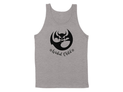 Athletic Heather Wicked Child tank top with bat-wing devil silhouette artwork and cursive Wicked Child lettering.