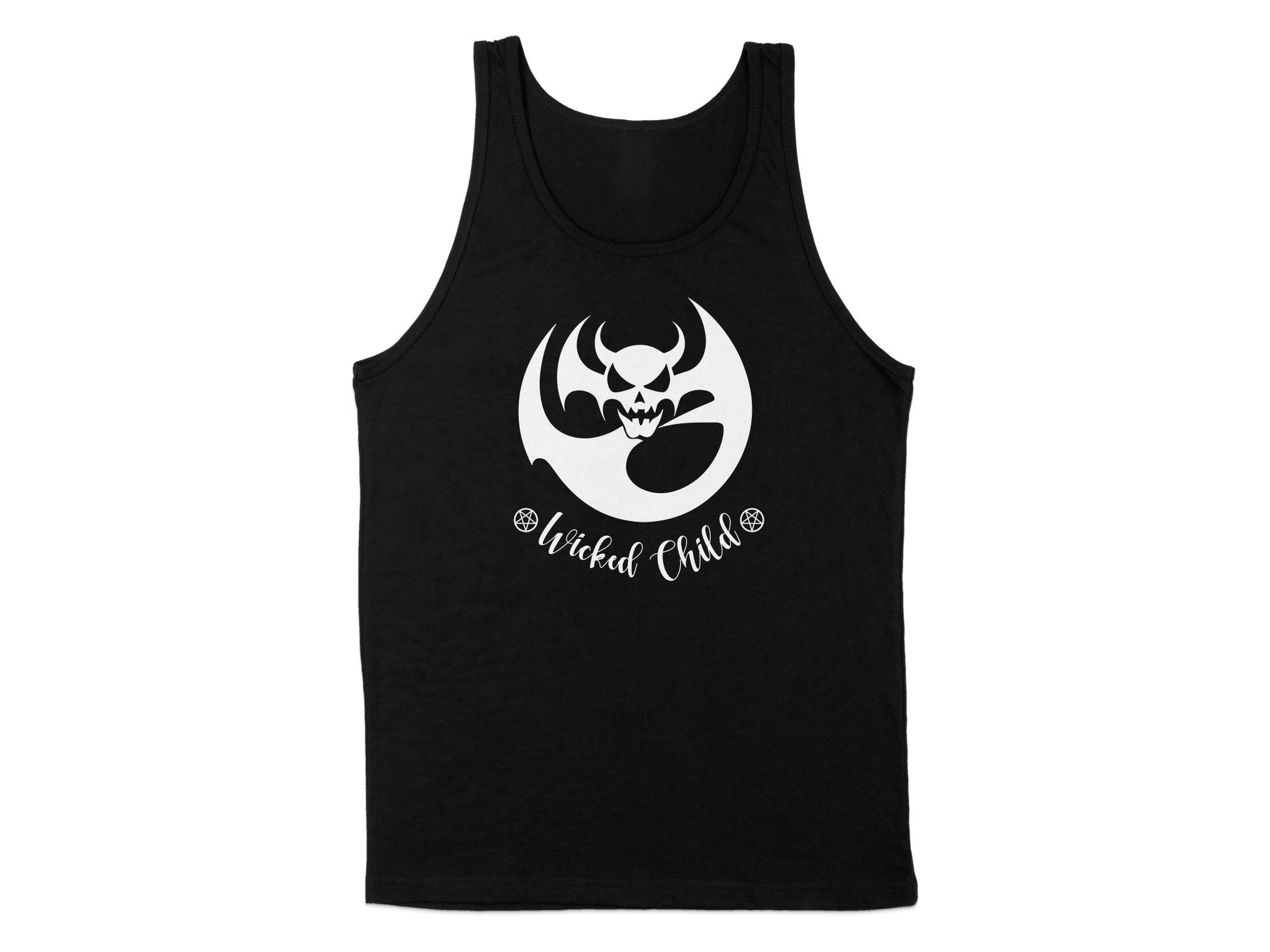 The Wicked Child Tank Top in black, offering a sleek sleeveless design with a scoop neck, perfect for casual wear.