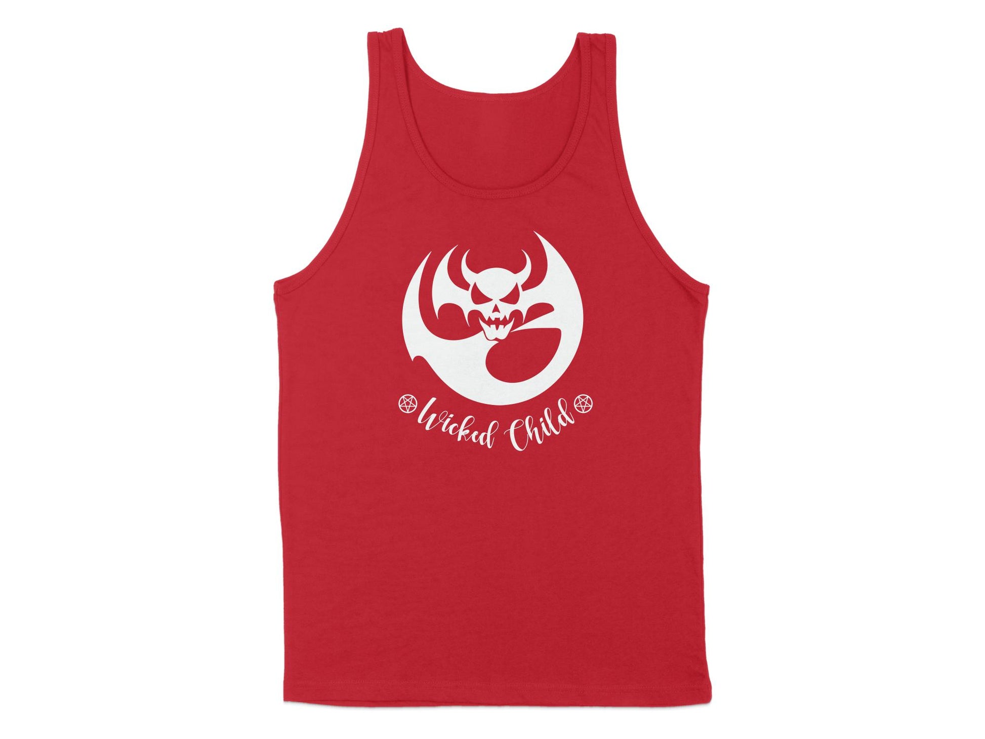 The Wicked Child Tank Top in red, featuring a bold sleeveless design and scoop neck for a stand-out look.