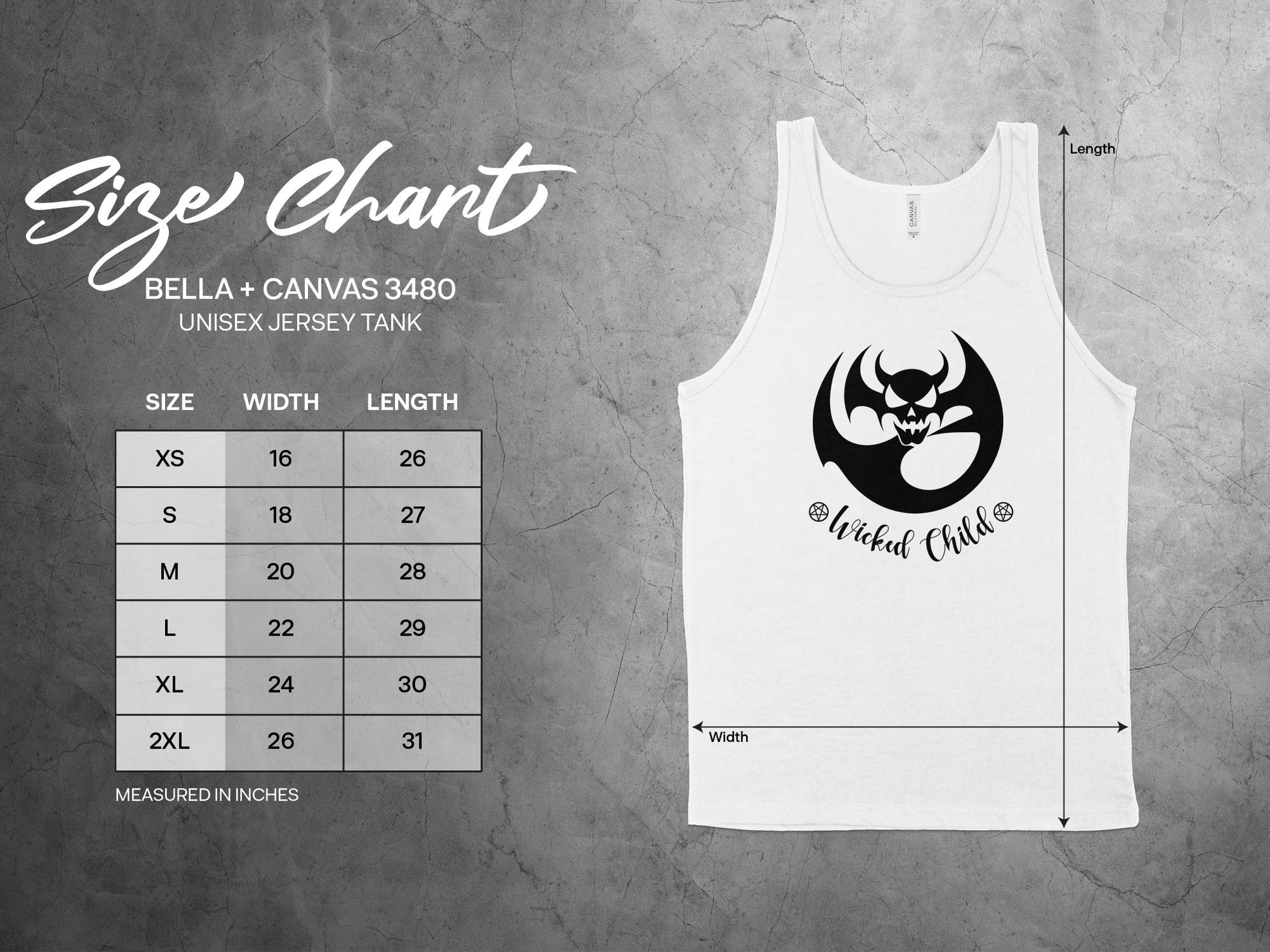 Check out the Wicked Child Tank Top size chart, from small to 2XL, offering a unisex fit with a relaxed look.