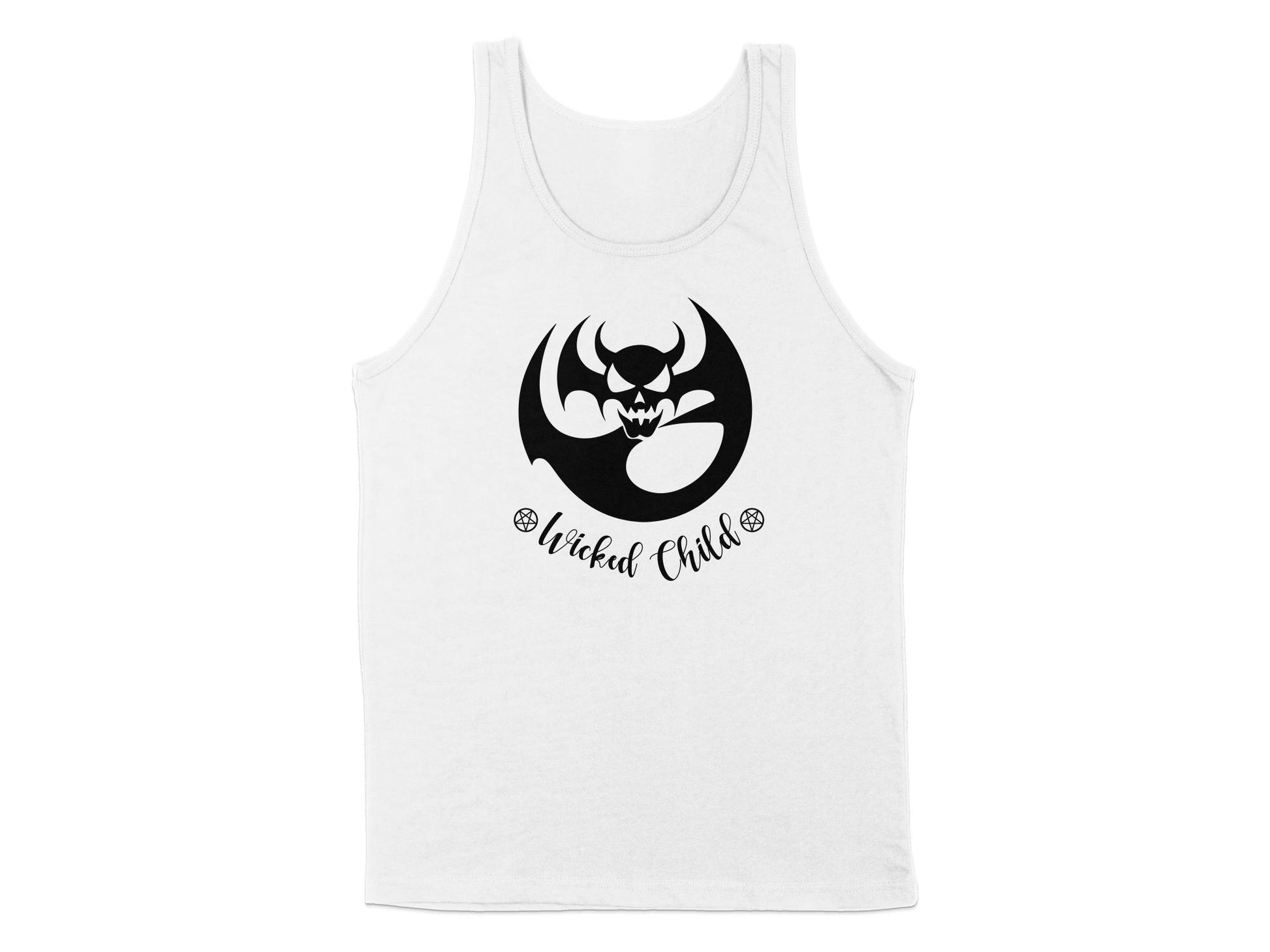 White Wicked Child Tank Top, with a simple, sleeveless design and scoop neck, ideal for laid-back styling.