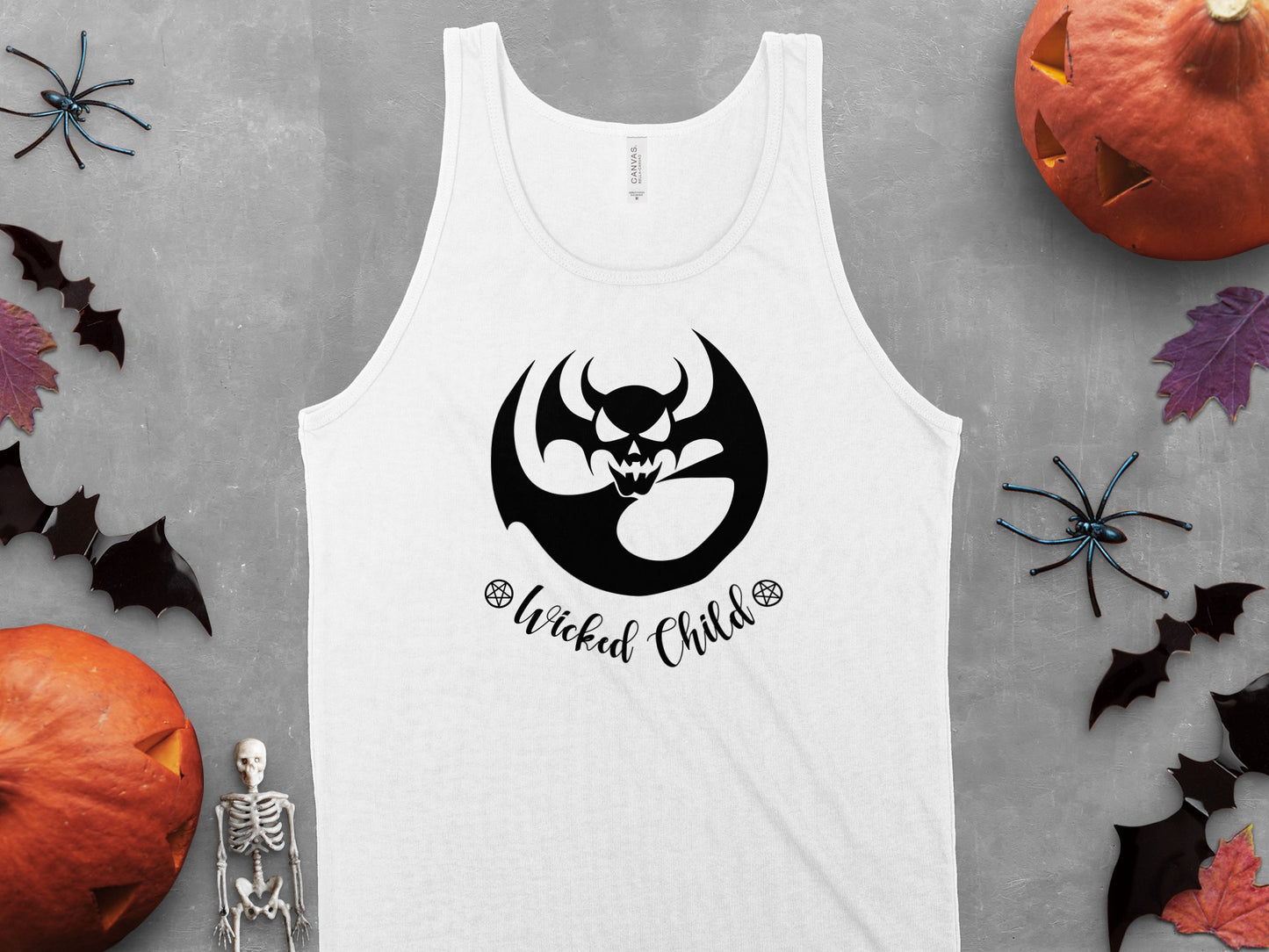 White Wicked Child Tank Top, with a simple, sleeveless design and scoop neck, ideal for laid-back styling.