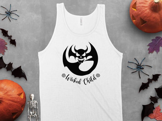 White Wicked Child Tank Top, with a simple, sleeveless design and scoop neck, ideal for laid-back styling.