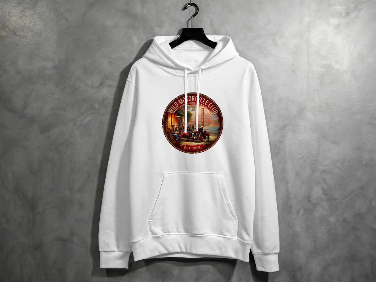 Wild Motorcycle Club white hoodie showcasing a red motorcycle, three bikers outside a roadside café and a misty San Francisco backdrop.