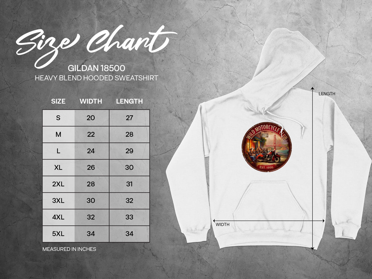 Size chart for Wild Motorcycle Club Hoodie showing S–3XL measurements in inches, including chest width and body length.