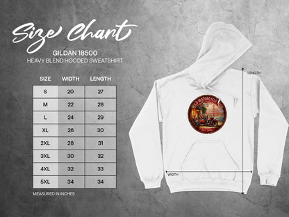 Size chart for Wild Motorcycle Club Hoodie showing S–3XL measurements in inches, including chest width and body length.