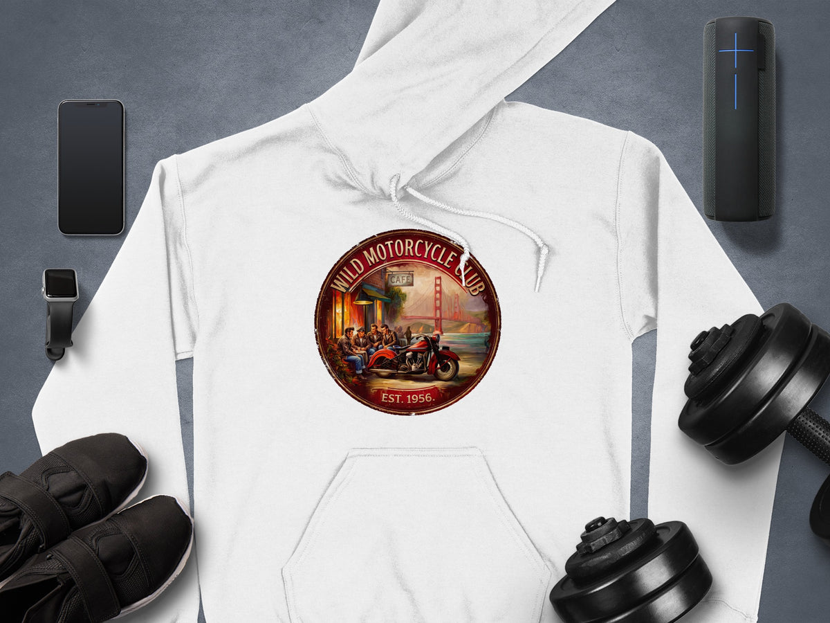 Wild Motorcycle Club Hoodie featuring a red vintage motorcycle, Golden Gate Bridge scenery and a retro circular biker-club badge.