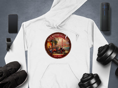 Wild Motorcycle Club Hoodie featuring a red vintage motorcycle, Golden Gate Bridge scenery and a retro circular biker-club badge.
