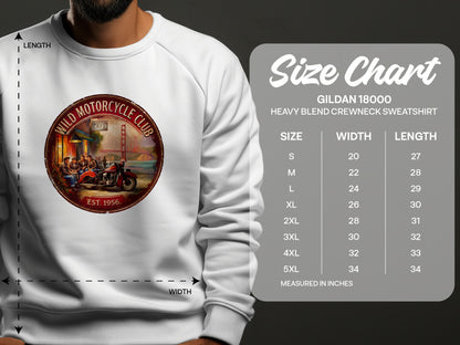 Size chart for the Wild Motorcycle Club graphic sweatshirt showing S–3XL measurements in inches, including chest width and body length.
