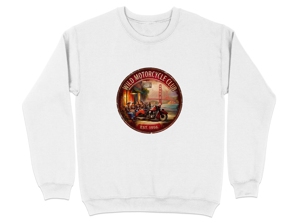 Wild Motorcycle Club white sweatshirt showcasing the vintage Americana artwork, warm red-brown tones and heritage-style lettering.