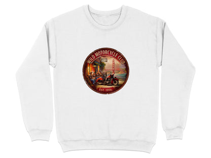 Wild Motorcycle Club white sweatshirt showcasing the vintage Americana artwork, warm red-brown tones and heritage-style lettering.
