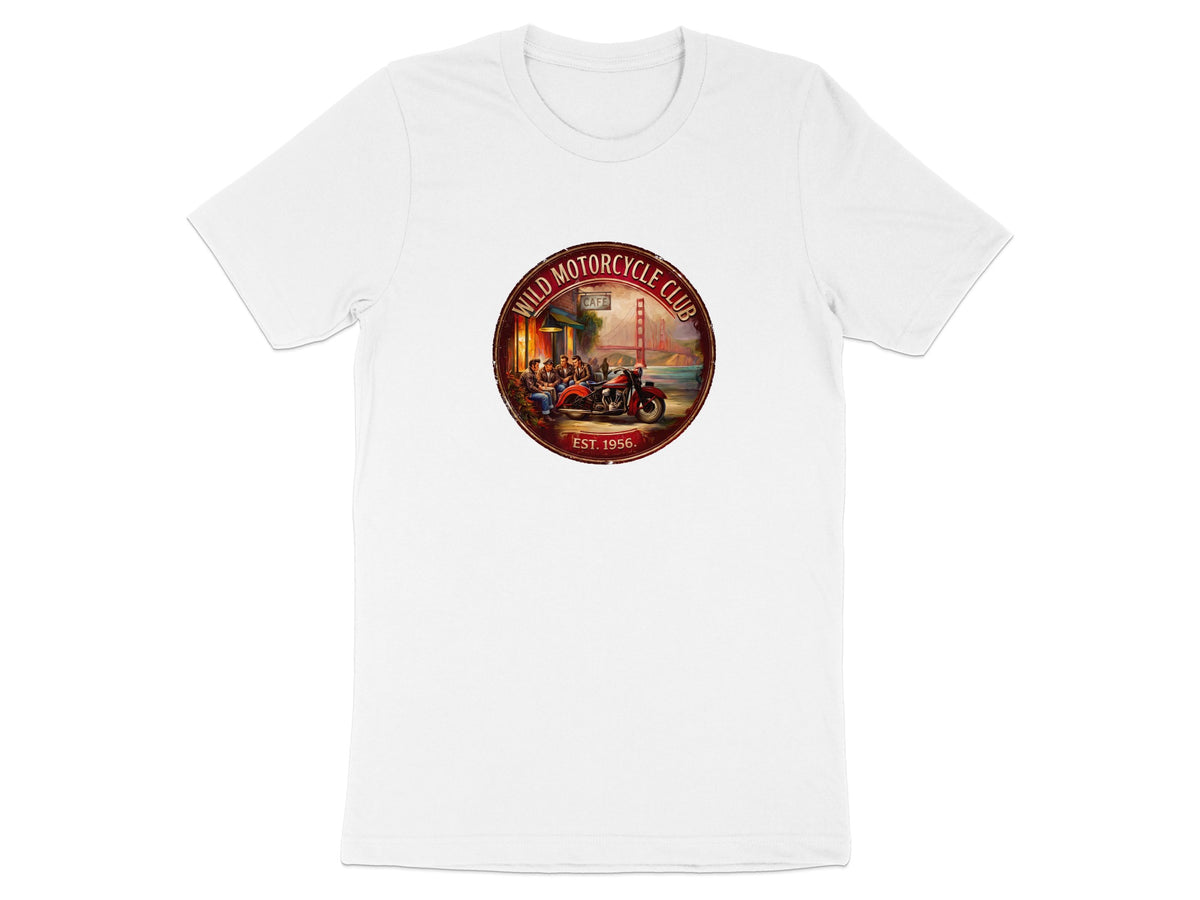 Wild Motorcycle Club T-Shirt in white, highlighting the red vintage motorcycle, roadside cafe scene and hazy Golden Gate Bridge backdrop.