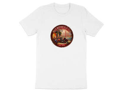 Wild Motorcycle Club T-Shirt in white, highlighting the red vintage motorcycle, roadside cafe scene and hazy Golden Gate Bridge backdrop.