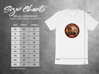 Size chart for the Wild Motorcycle Club T-Shirt showing S–3XL measurements, including chest width and body length in inches.