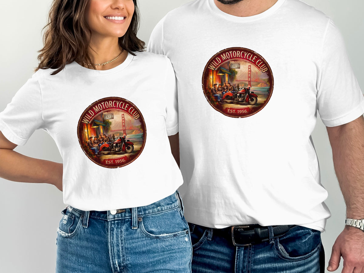 Man and woman wearing white Wild Motorcycle Club T-shirts, showcasing the vintage San Francisco biker graphic and warm red-brown artwork.