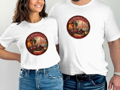 Man and woman wearing white Wild Motorcycle Club T-shirts, showcasing the vintage San Francisco biker graphic and warm red-brown artwork.