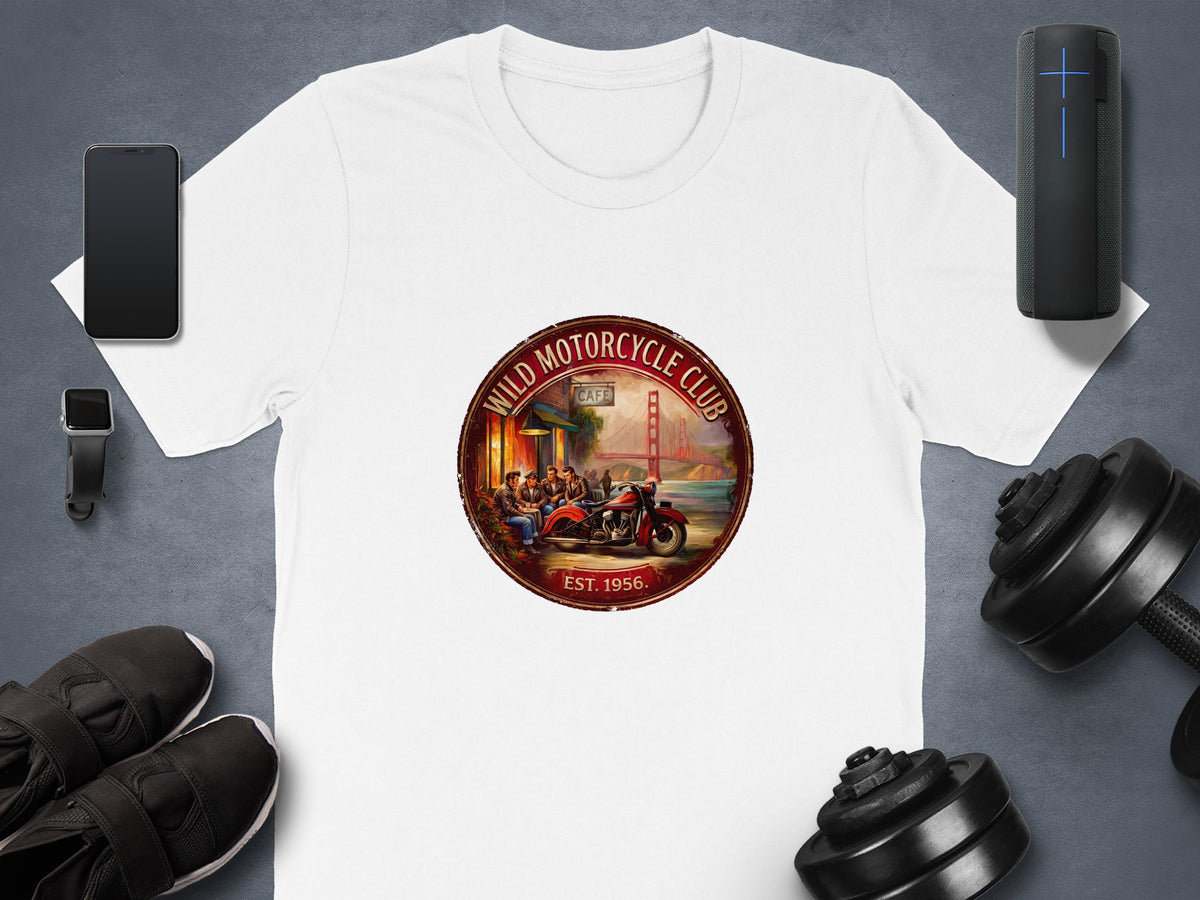 White Wild Motorcycle Club T-Shirt featuring a vintage red motorcycle, Golden Gate Bridge scenery and a retro circular biker-club badge with EST. 1956 detail.