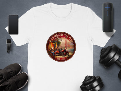 White Wild Motorcycle Club T-Shirt featuring a vintage red motorcycle, Golden Gate Bridge scenery and a retro circular biker-club badge with EST. 1956 detail.
