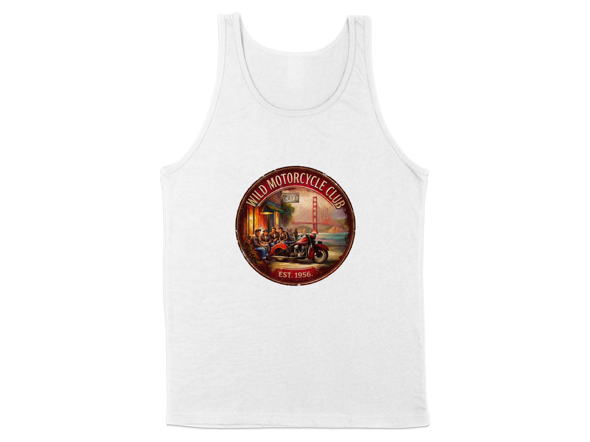 Wild Motorcycle Club graphic tank top highlighting the red motorcycle, roadside café, hazy bridge backdrop and EST. 1956 lettering.