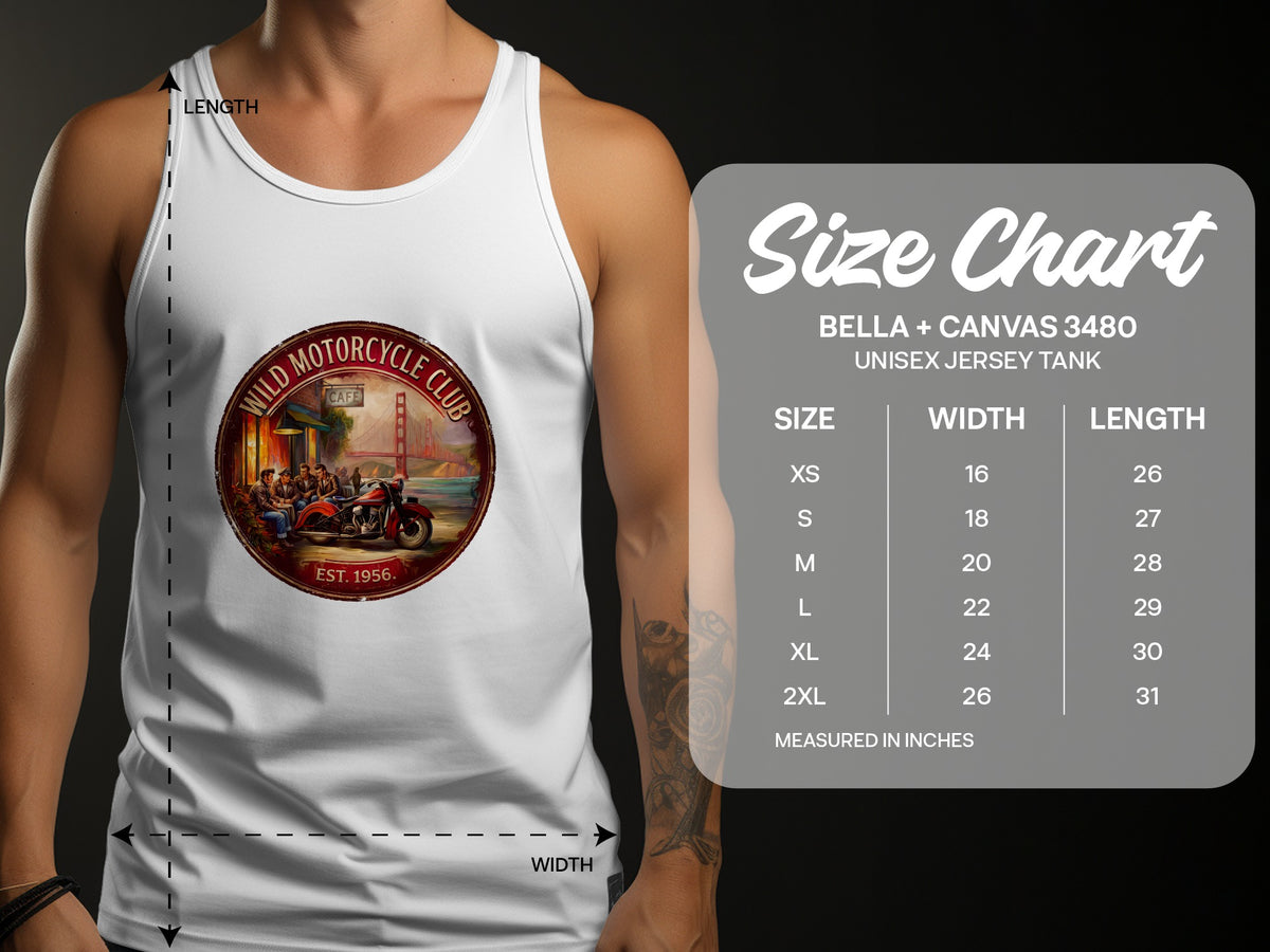 Size chart for Wild Motorcycle Club Tank Top showing S–2XL measurements in inches, including chest width and body length.