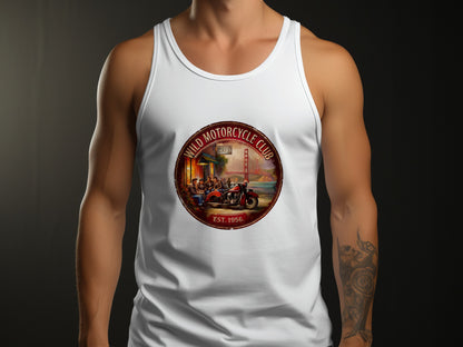 Wild Motorcycle Club Tank Top featuring a retro circular badge, red vintage motorcycle and Golden Gate Bridge scenery on a white tank.