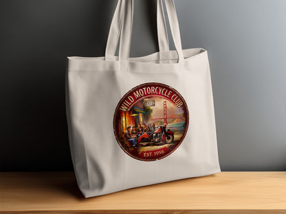 Wild Motorcycle Club Tote Bag displayed on a sideboard, showing the circular club badge, red vintage motorcycle, Golden Gate Bridge and warm red-brown artwork.