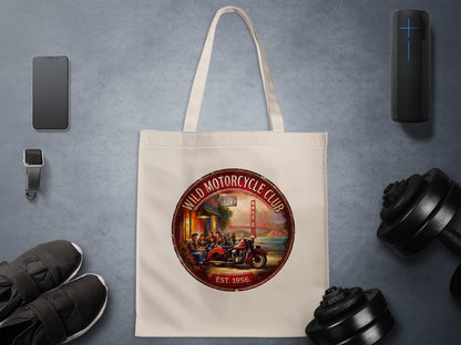 Wild Motorcycle Club Tote Bag featuring a red vintage motorcycle, Golden Gate Bridge and weathered club badge on natural canvas.